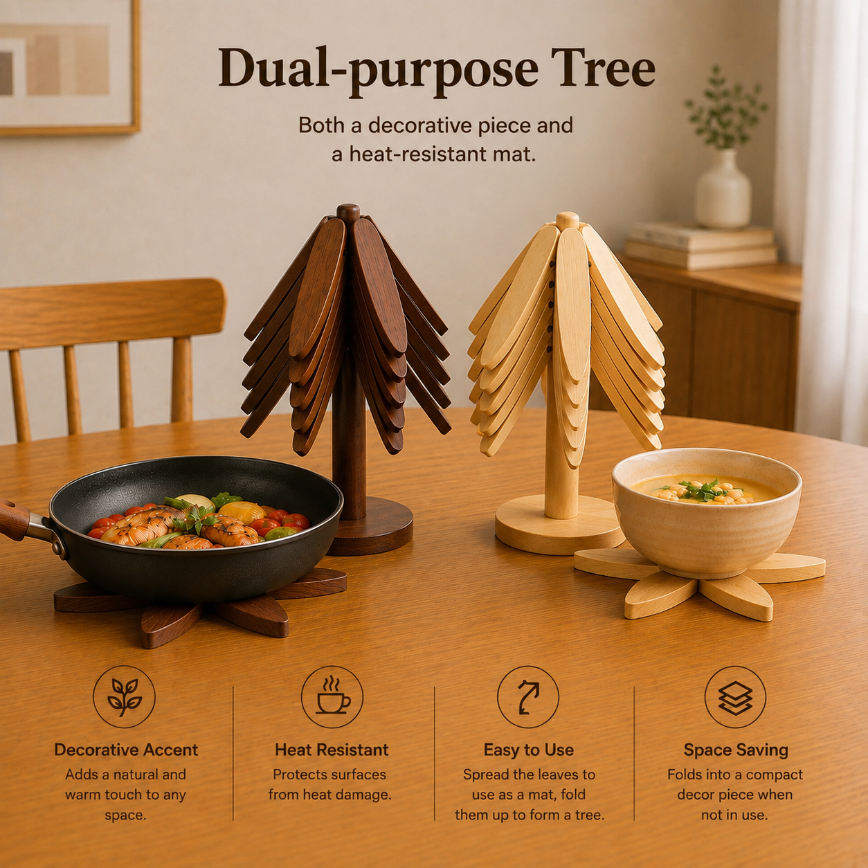 Bamboo & Wooden Tree-Shaped Coaster Set with Decorative Stand