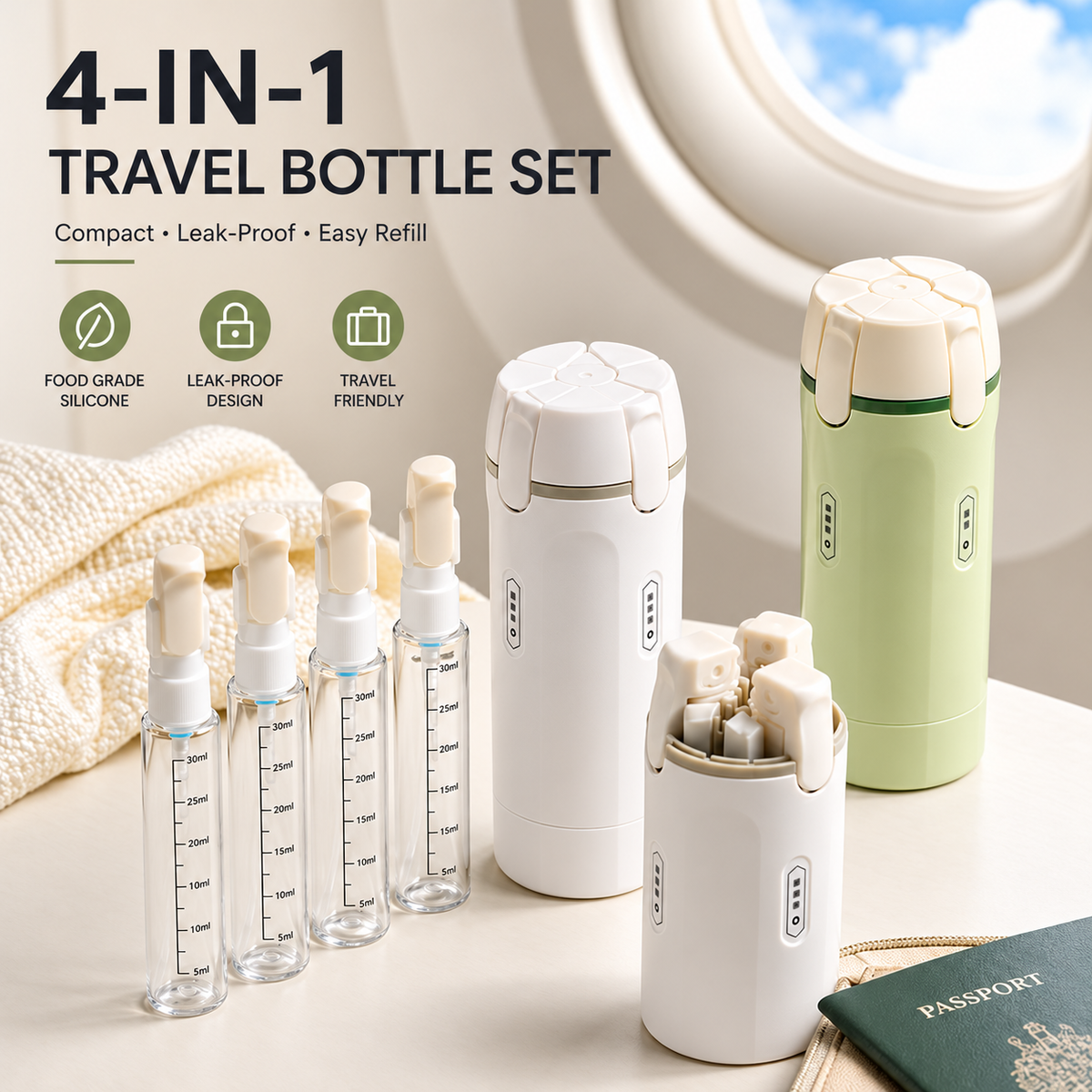 4-in-1 travel bottle set in white and light green with refill bottles