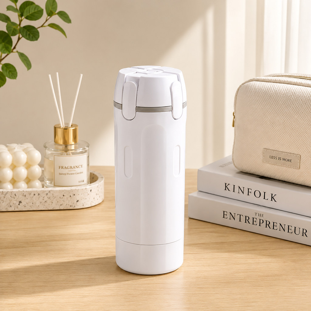 White 4-in-1 refillable travel dispenser bottle