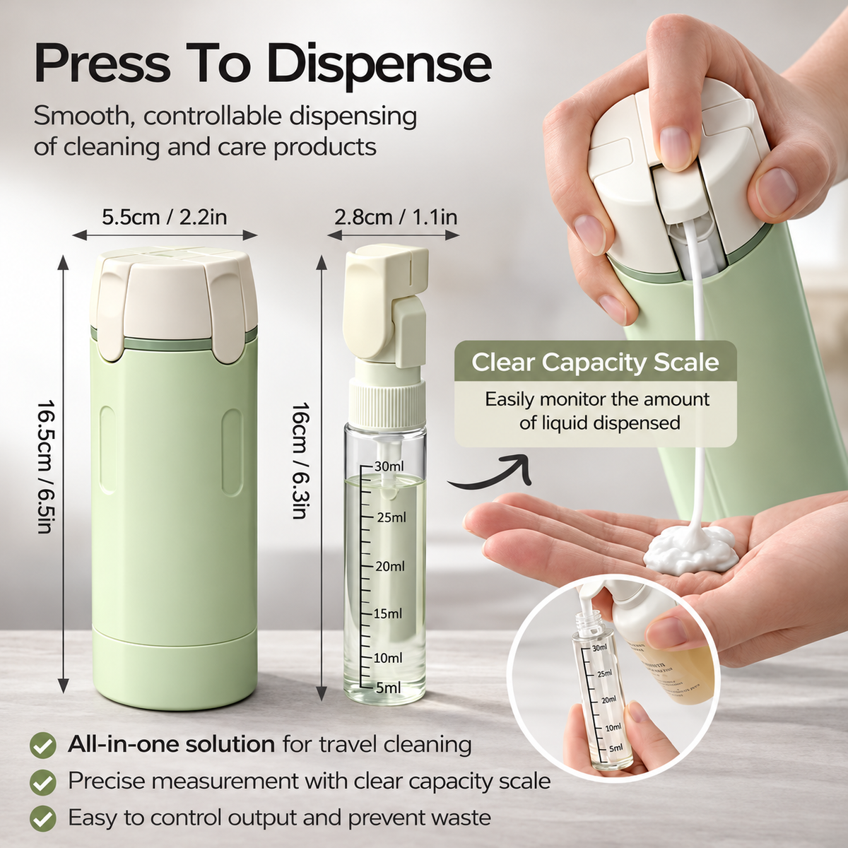 Travel dispenser pump and capacity scale