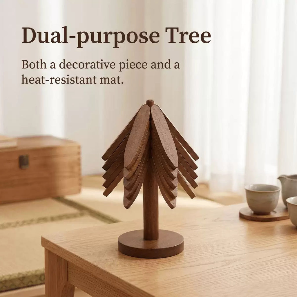 Bamboo & Wooden Tree-Shaped Coaster Set with Decorative Stand