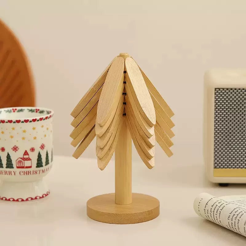 Bamboo & Wooden Tree-Shaped Coaster Set with Decorative Stand