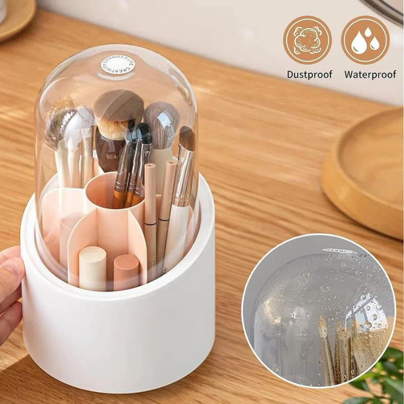 360° Rotating Dustproof Makeup Brush Organizer with Transparent Cover