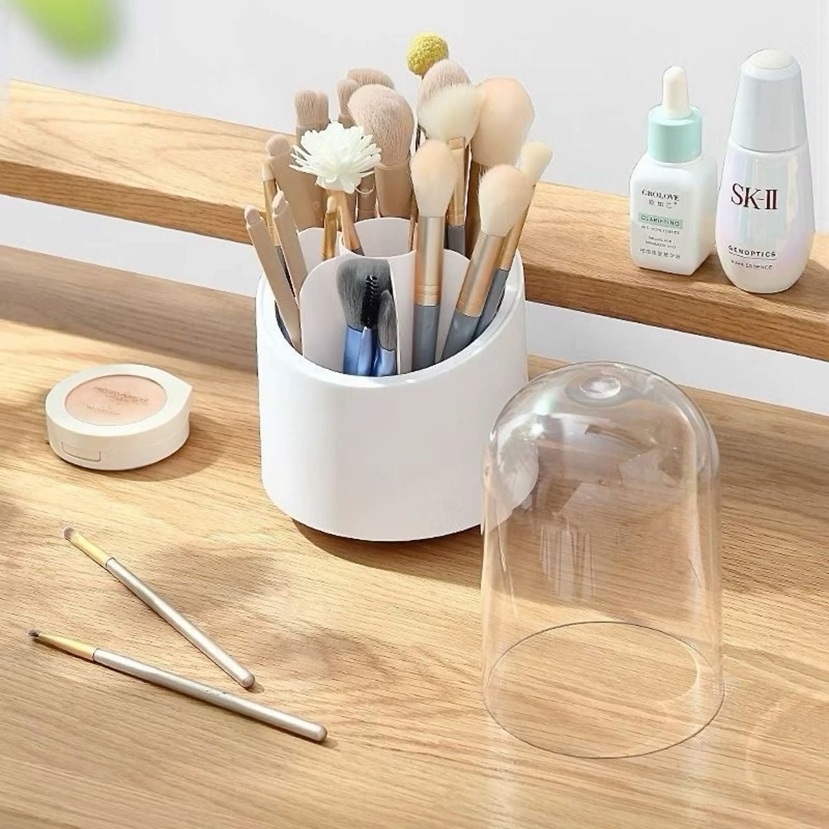 360° Rotating Dustproof Makeup Brush Organizer with Transparent Cover
