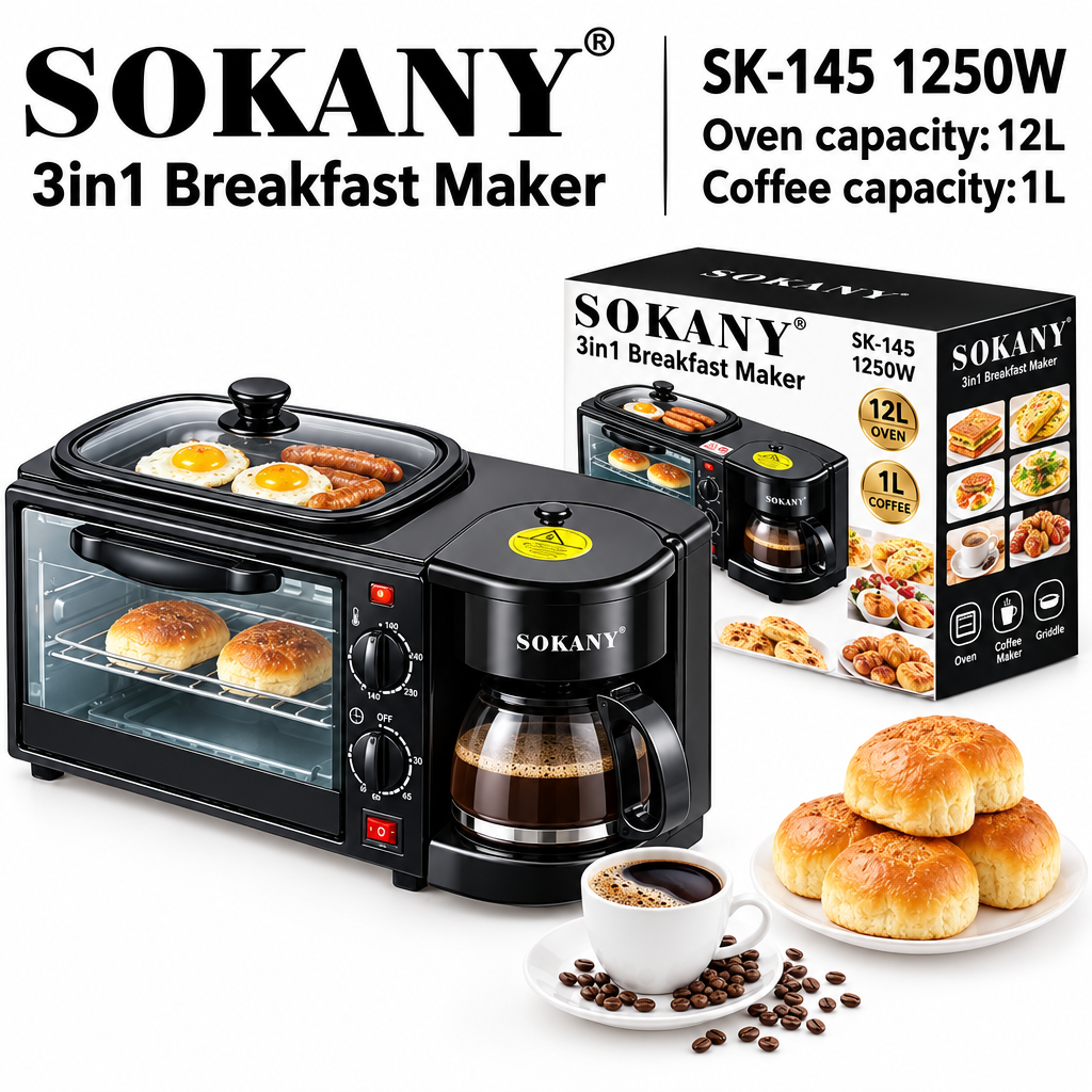 SOKANY SK-145 3-in-1 Breakfast Maker – 12L, 1250W