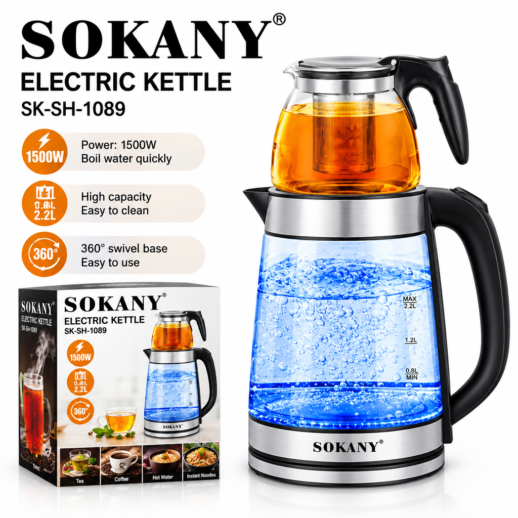 SOKANY SK-SH-1089 Glass Electric Kettle Set – 2.2L, 1500W
